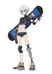  1girl arm_at_side breasts elbow_pads expressionless full_body gloves grey_hair highres knee_pads light_oooo midriff navel original prosthesis prosthetic_leg shoes short_hair short_shorts shorts small_breasts sneakers snowboard solo white_background yellow_eyes 