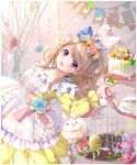  1girl :d animal_ears apron arm_up bangs bird birdcage blue_flower blue_rose braid brown_hair cage cake commentary_request cup dress easter easter_egg egg fake_animal_ears fingernails flower food french_braid fruit gradient gradient_background hair_flower hair_ornament hairband hand_on_own_head highres holding holding_ribbon lemon lolita_hairband long_hair long_sleeves looking_at_viewer lying on_back open_mouth original partial_commentary petticoat pink_background pink_flower pink_rose puracotte rabbit ribbon rose saucer smile streamers swept_bangs teacup tree_branch vase very_long_hair violet_eyes yellow_dress 