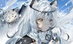  1girl animal_ear_fluff animal_ears arknights black_cloak blush braid chinese_commentary circlet cloak closed_mouth eyelashes grey_eyes hair_between_eyes leopard_ears long_hair meng_ziya outdoors pramanix_(arknights) ribbed_sweater side_braids silver_hair snow snow_leopard snowstorm solo staff sweater turtleneck turtleneck_sweater twin_braids upper_body white_sweater wind 