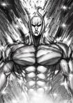  1boy abs artist_name black_sperm closed_mouth commentary english_commentary frown greyscale highres looking_at_viewer male_focus monochrome muscle one-punch_man solo the_golden_smurf veins 