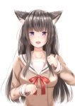  1girl :d absurdres animal_ears bang_dream! black_hair blush cat_ears clenched_hands commentary_request double-breasted hanasakigawa_school_uniform highres kemonomimi_mode kisaragi_yaya long_hair long_sleeves looking_at_viewer neck_ribbon open_mouth paw_pose red_neckwear ribbon sailor_collar school_uniform shirokane_rinko simple_background smile solo upper_body violet_eyes white_background 