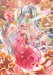  1girl aqua_eyes aqua_hair daidou_(demitasse) flower hatsune_miku highres japanese_clothes kimono looking_at_viewer open_mouth solo twintails vocaloid 