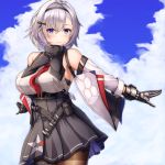  1girl anchor azur_lane bare_shoulders black_hairband black_legwear black_skirt blue_sky blush breasts buranketo_2 clouds eagle_union_(emblem)_(azur_lane) eyebrows_visible_through_hair grey_hair hair_between_eyes hair_ornament hairband hairclip high-waist_skirt highres large_breasts looking_at_viewer metal_gloves pantyhose pleated_skirt purple_sash reno_(azur_lane) sash see-through shirt short_hair skirt sky sleeveless smile solo star star_print under_boob violet_eyes 