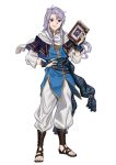  1boy absurdres adapted_costume arthur_(fire_emblem) artur_(fire_emblem) baggy_pants belt book capelet ebinku fire_emblem fire_emblem:_genealogy_of_the_holy_war full_body grin hand_on_hip highres long_hair open_mouth pants purple_hair sandals sash scarf smile solo standing violet_eyes white_background 