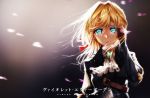  1girl absurdres backlighting blonde_hair blue_eyes brooch copyright_name cravat crying crying_with_eyes_open hair_intakes hair_ribbon highres jewelry jin_grey_paladin looking_at_viewer mechanical_hands petals prosthetic_hand red_ribbon ribbon solo tears violet_evergarden violet_evergarden_(character) 
