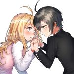  1boy 1girl ahoge akamatsu_kaede bangs black_hair blonde_hair blush breasts commentary_request dangan_ronpa eyebrows_visible_through_hair from_side hair_between_eyes hair_ornament hands_together highres long_hair looking_at_another musical_note musical_note_hair_ornament new_dangan_ronpa_v3 open_mouth saihara_shuuichi school_uniform shirt simple_background smile striped striped_jacket sumeshiruko sweater_vest violet_eyes white_background 