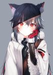  1girl absurdres alternate_costume animal_ear_fluff animal_ears arknights bangs black_hair black_shirt commentary fur-trimmed_jacket fur-trimmed_sleeves fur_trim gloves grey_background hair_between_eyes hand_up highres jacket karou_(pixiv47191635) long_hair looking_at_viewer open_clothes open_jacket orange_eyes red_gloves shirt simple_background solo texas_(arknights) upper_body white_jacket wide_sleeves wolf_ears 