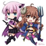  2girls ahoge bangs bare_shoulders brown_eyes brown_hair chiyoda_momo demon_girl demon_horns demon_tail fork gloves hair_ornament hairclip horns long_hair lowres machikado_mazoku multiple_girls navel open_mouth pink_hair revealing_clothes shiny shiny_hair short_hair simple_background skirt smile sword tail thigh-highs uitchu weapon white_background yoshida_yuuko_(machikado_mazoku) 