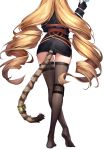  1girl am1m arknights ass black_gloves black_legwear black_panties black_skirt blonde_hair drill_hair from_behind gloves hand_up head_out_of_frame highres long_hair long_sleeves no_shoes panties simple_background skirt solo standing swire_(arknights) tail thigh-highs thigh_strap tiger_tail underwear white_background 