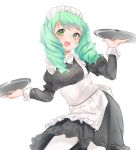  1girl alternate_costume apron azuma_hiryu black_dress breasts contrapposto cowboy_shot dress drill_hair enmaided eyebrows_visible_through_hair fire_emblem fire_emblem:_three_houses flayn_(fire_emblem) green_eyes green_hair highres long_sleeves looking_at_viewer maid maid_apron maid_headdress medium_breasts medium_hair open_mouth pantyhose simple_background smile solo tray twin_drills white_background white_legwear wrist_cuffs 