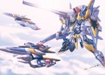  aircraft airplane akamiho beam_cannon clouds commentary_request core_fighter energy_gun fighter_jet flying gundam jet lens_flare mecha military military_vehicle no_humans partial_commentary robot shield sun twitter_username v2_gundam victory_gundam weapon 