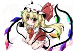  1girl blonde_hair blush_stickers commentary_request dress eyebrows_visible_through_hair flandre_scarlet goma_(gomasamune) hair_between_eyes hat hat_ribbon highres kneeling long_hair looking_at_viewer mob_cap neckerchief puffy_short_sleeves puffy_sleeves rabbit red_eyes ribbon shadow short_sleeves smile socks solo touhou wings 