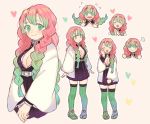  1girl :&gt; :d =3 ^_^ bangs beige_background black_shirt black_skirt blush closed_eyes expressions expressive_hair gradient_hair green_eyes green_legwear haori heart jacket japanese_clothes kanroji_mitsuri kimetsu_no_yaiba long_hair mole mole_under_eye multicolored_hair open_clothes open_mouth open_shirt pink_hair sandals shirt skirt smile striped striped_legwear tri_braids trimcoco vertical-striped_legwear vertical_stripes very_long_hair wavy_mouth white_jacket 