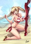  1girl adsouto aestus_estus ahoge bead_bracelet beads bikini blonde_hair bracelet breasts criss-cross_halter fate/extra fate/grand_order fate_(series) green_eyes hair_intakes halter_top halterneck highres jewelry large_breasts nero_claudius_(fate) nero_claudius_(fate)_(all) nero_claudius_(swimsuit_caster)_(fate) red_bikini side-tie_bikini striped striped_bikini swimsuit sword twintails weapon 