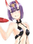  1girl artist_request bangs bare_shoulders bob_cut breasts closed_mouth collarbone cup eyeliner fate/grand_order fate_(series) headpiece horns licking_lips looking_at_viewer makeup medium_breasts oni oni_horns purple_hair revealing_clothes sakazuki short_hair shuten_douji_(fate/grand_order) simple_background skin-covered_horns smile solo tongue tongue_out violet_eyes white_background 