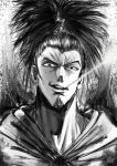  1boy artist_name atomic_samurai cape commentary english_commentary greyscale grin highres looking_at_viewer male_focus monochrome mouth_hold one-punch_man portrait sanpaku smile solo the_golden_smurf topknot 