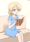  1girl absurdres bangs blonde_hair blue_dress blue_eyes book braid commentary couch darjeeling_(girls_und_panzer) dress girls_und_panzer highres holding holding_book looking_at_viewer medium_dress omachi_(slabco) on_couch open_mouth short_hair short_sleeves sitting solo tied_hair translated twin_braids twitter_username younger 