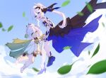  2girls :d back bangs bare_shoulders barefoot black_dress blue_eyes blue_sky cape clouds cloudy_sky company_connection dress full_body genshin_impact green_cape green_eyes highres holding_hands honkai_(series) honkai_impact_3rd leaf long_hair looking_at_viewer looking_back meuwzza_(me_zwa) mihoyo multiple_girls nahida_(genshin_impact) open_mouth side_ponytail sky smile theresa_apocalypse theresa_apocalypse_(twilight_paladin) thigh-highs white_dress white_hair white_thighhighs 