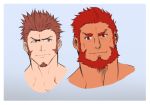  2boys beard blue_background blue_eyes brown_hair close-up face facial_hair fate/grand_order fate_(series) flat_color loboke looking_at_viewer male_focus multiple_boys napoleon_bonaparte_(fate/grand_order) raised_eyebrow raised_eyebrows red_eyes redhead rider_(fate/zero) sideburns simple_background sketch smile upper_body 