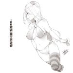  1girl breasts character_request chinese_text closed_mouth ejami greyscale league_of_legends long_hair monochrome navel simple_background smile solo swimsuit thigh-highs translation_request white_background 