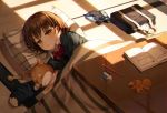  1girl bag bow bowtie brown_eyes brown_hair closed_mouth collared_shirt connie_(keean2019) dog duffel_bag eraser expressionless eyebrows_visible_through_hair food fruit indoors kotatsu long_sleeves looking_at_viewer lying mechanical_pencil on_side orange original pencil pillow red_bow red_neckwear shirt short_hair sleeves_past_wrists solo sunset table white_shirt 