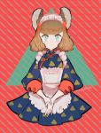  1girl animal_ears apron bangs brown_hair cropped_torso dress expressionless frilled_apron frilled_headband frills l_hakase long_sleeves original print_dress short_hair solo striped striped_background triangle upper_body 