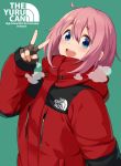  1girl :d ahoge aqua_background bangs blue_eyes blush brown_gloves clothes_writing coat copyright_name drawstring english_text fingerless_gloves gloves hair_between_eyes hand_up hood hood_down hooded_coat kagamihara_nadeshiko long_sleeves looking_at_viewer mirai_denki open_mouth pink_hair red_coat round_teeth short_hair simple_background smile solo teeth the_north_face upper_teeth v yurucamp zipper 