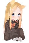  1girl abigail_williams_(fate/grand_order) animal_ears artist_request bangs black_bow black_dress blonde_hair blue_eyes bow breasts cat_ears dress fate/grand_order fate_(series) forehead long_hair multiple_bows open_mouth orange_bow parted_bangs polka_dot polka_dot_bow ribbed_dress simple_background sleeves_past_fingers sleeves_past_wrists small_breasts solo white_background 