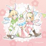  1boy 1girl animal_ears bangs binchou_maguro blonde_hair blue_eyes bow commentary crown easter easter_egg egg floral_print green_bow hair_bow hair_ornament hairband hairclip hat highres holding_egg hood hoodie kagamine_len kagamine_rin knees_up lace_background looking_at_viewer mini_hat open_mouth polka_dot polka_dot_background rabbit_ears short_ponytail sitting smile string_of_flags striped_hoodie swept_bangs thigh-highs twitter_username vocaloid white_legwear wings 