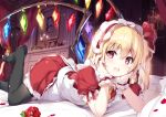  1girl :d alternate_costume apron bangs bed black_legwear blonde_hair blush commentary_request crystal curtains dress enmaided eyebrows_visible_through_hair feet_out_of_frame flandre_scarlet flower frilled_apron frills hair_between_eyes hair_ribbon hairband hands_up indoors long_hair looking_at_viewer lying maid maid_apron maid_headdress miyase_mahiro no_shoes on_stomach one_side_up open_mouth petals petticoat puffy_short_sleeves puffy_sleeves red_dress red_eyes red_flower red_hairband red_ribbon red_rose ribbon rose rose_petals shadow short_dress short_sleeves smile solo thigh-highs touhou white_apron wings wrist_cuffs 