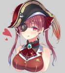  1girl :p absurdres ascot bare_shoulders black_headwear blush breasts brooch character_name closed_mouth commentary cropped_torso eyepatch gem grey_background hair_ribbon hat heart heart_print highres hololive houshou_marine jewelry large_breasts okiq one_eye_covered pirate_hat purple_hair red_ribbon red_vest ribbon sapphire_(gemstone) signature simple_background smile solo tongue tongue_out twintails upper_body vest virtual_youtuber 