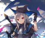  1girl arknights ascot ban_xuan bangs black_capelet black_gloves black_headwear capelet chinese_commentary commentary_request gloves hand_up highres long_hair looking_at_viewer orca partial_commentary red_eyes silver_hair skadi_(arknights) solo sword upper_body weapon white_neckwear 