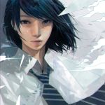  1girl black_eyes black_hair closed_mouth collared_shirt deviantart_logo deviantart_username diagonal_stripes dress_shirt lips looking_at_viewer necktie original shirt short_hair solo striped striped_neckwear upper_body wataboku watermark web_address white_shirt wing_collar 