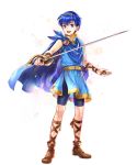  1boy alpha_transparency belt bike_shorts black_shorts blue_eyes blue_hair boots cape fire_emblem fire_emblem:_mystery_of_the_emblem fire_emblem_heroes gem highres looking_at_viewer male_focus marth_(fire_emblem) official_art shorts smile solo sword tiara transparent_background tunic upper_teeth wada_sachiko weapon younger 