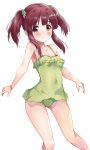  1girl absurdres ass_visible_through_thighs bangs bare_arms bare_shoulders blush breasts brown_eyes brown_hair casual_one-piece_swimsuit closed_mouth collarbone commentary_request covered_navel eyebrows_visible_through_hair feet_out_of_frame frilled_swimsuit frills green_swimsuit highres idolmaster idolmaster_cinderella_girls kuroba_aki long_hair looking_at_viewer ogata_chieri one-piece_swimsuit sidelocks simple_background small_breasts smile solo standing swimsuit twintails white_background 