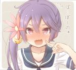  1girl akebono_(kantai_collection) bangs bell blue_sailor_collar blush collarbone commentary_request eyebrows_visible_through_hair finger_to_cheek flower flying_sweatdrops fujisaki_yuu grey_background hair_bell hair_between_eyes hair_flower hair_ornament jingle_bell kantai_collection long_hair looking_at_viewer nose_blush open_mouth purple_hair red_flower sailor_collar school_uniform serafuku shirt short_sleeves side_ponytail solo sweat translation_request two-tone_background upper_body violet_eyes wavy_mouth white_background white_shirt 