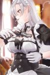  1girl black_neckwear blurry blurry_background breasts cigarette commentary_request corset earrings gloves gun hair_ornament highres holding holding_gun holding_weapon jewelry kfr large_breasts long_hair maid maid_dress maid_headdress original red_eyes silver_hair solo weapon white_gloves 
