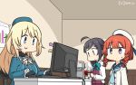  3girls ahoge atago_(kantai_collection) beret black_gloves blonde_hair blue_eyes blue_headwear blue_neckwear blue_ribbon blue_sailor_collar bob_cut braid breasts closed_mouth coffee coffee_maker_(object) commentary_request cup dated desk disposable_cup etorofu_(kantai_collection) from_side furrowed_eyebrows gloves gradient_hair hair_ribbon hamu_koutarou hat hayanami_(kantai_collection) highres holding holding_cup indoors kantai_collection large_breasts long_hair long_sleeves looking_at_another looking_down military military_uniform multicolored_hair multiple_girls ponytail purple_hair redhead ribbon sailor_collar sailor_hat school_uniform short_hair side_braid sidelocks signature steam table thick_eyebrows twin_braids uniform white_headwear white_ribbon yellow_eyes 