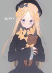  1girl abigail_williams_(fate/grand_order) asumat bangs black_bow black_dress black_headwear blonde_hair blue_eyes blush bow breasts closed_mouth dress fate/grand_order fate_(series) forehead grey_background hair_bow hat long_hair multiple_bows orange_bow parted_bangs ribbed_dress simple_background sleeves_past_fingers sleeves_past_wrists small_breasts smile solo stuffed_animal stuffed_toy teddy_bear 