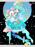  1girl aqua_eyes aqua_hair aqua_legwear asymmetrical_legwear bangs blue_legwear circle cure_milky dress full_body gradient gradient_legwear hagoromo_lala high_heels l_hakase open_mouth precure smile solo star star_twinkle_precure twitter_username 