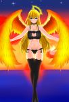  1girl angel angel_wings bell black_bra black_legwear black_panties bra breasts cat_lingerie evening halo highres jingle_bell large_breasts lkeris long_hair looking_at_viewer meme_attire navel ocean original panties solo sunset thigh-highs underwear very_long_hair wings 