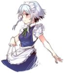  1girl braid breasts chinese_commentary closed_mouth commentary_request dress ejami izayoi_sakuya maid maid_headdress medium_hair red_eyes silver_hair simple_background smile solo touhou twin_braids white_background 
