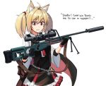 1girl :t ahoge animal_ear_fluff animal_ears arknights bangs black_bow black_dress black_gloves black_vest blonde_hair bow collared_shirt commentary_request dress english_text eyebrows_visible_through_hair frilled_dress frills gloves gun hair_between_eyes highres holding holding_gun holding_weapon long_sleeves looking_at_viewer ndtwofives pleated_dress red_eyes rifle shirt short_hair sidelocks simple_background skirt sleeveless sleeveless_dress sniper_rifle sniper_scope solo sora_(arknights) striped striped_bow suppressor sweat twintails two-handed upper_body vest weapon weapon_request white_background white_shirt wide_sleeves wolf_ears 