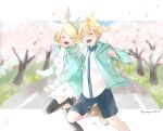  1boy 1girl aqua_jacket binchou_maguro black_legwear blonde_hair boots bow cherry_blossoms closed_eyes commentary denim denim_shorts dress facing_another feet_out_of_frame grass holding_hands hood hooded_jacket jacket kagamine_len kagamine_rin leg_up letterboxed light_blush open_mouth road running shirt short_hair short_ponytail shorts smile spiky_hair street thigh-highs tree twitter_username vocaloid white_bow white_dress white_shirt 
