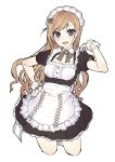  1girl apron arisugawa_natsuha black_eyes bow brown_hair cowboy_shot frilled_apron frills hand_on_hip highres idolmaster idolmaster_shiny_colors long_hair looking_at_viewer lucysama maid maid_apron maid_headdress open_mouth short_sleeves smile solo waist_apron 