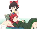  2girls animal_ears bare_shoulders black_bow black_hair bow braid brown_eyes cat_ears commentary_request dress green_dress hair_bow hakurei_reimu highres juliet_sleeves kaenbyou_rin lap_pillow long_sleeves looking_at_another multiple_girls open_mouth partial_commentary puffy_sleeves red_bow red_eyes redhead sitting touhou twin_braids yuri zuttokodomo 
