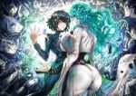  2girls absurdres angry ass asymmetrical_docking bare_shoulders black_hair breast_contest breast_press breasts bridal_gauntlets colorized confrontation deep_skin dress eye_contact face-to-face fubuki_(one-punch_man) green_hair greyscale highres huge_ass large_breasts lightning_glare long_hair looking_at_another monochrome multiple_girls one-punch_man pantylines psychos rivalry short_hair telekinesis the_golden_smurf torn_clothes torn_dress 