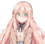  1girl choker eyebrows_visible_through_hair green_eyes hair_between_eyes long_hair long_sleeves looking_at_viewer nippon_ichi_no_koukousei_majutsushi_isekai_dorei_shoujo_wo_morau nyum pink_hair simple_background solo upper_body very_long_hair white_background 