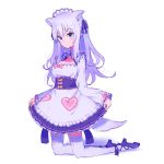  1girl absurdres animal_ears blue_eyes blue_footwear blue_ribbon bow character_request dress full_body hair_ribbon highres long_hair looking_at_viewer maid_headdress pink_bow ribbon senda_nara simple_background skirt_hold solo tail thigh-highs virtual_youtuber white_background white_dress white_hair white_legwear 