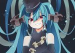  1girl aqua_hair bare_shoulders black_background black_gloves black_headwear black_shirt bracelet elbow_gloves evil_grin evil_smile facial_tattoo gear_print gears gloves grin hair_ornament hands_up hatsune_miku highres holding_own_wrist jewelry long_hair red_eyes sadistic_music_factory_(vocaloid) shirt slit_pupils smile solo takahashi_(brokenrobo) tattoo twintails upper_body very_long_hair vocaloid 